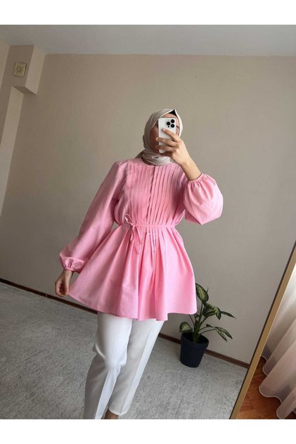Önü Pileli Tesettür Gömlek - PEMBE