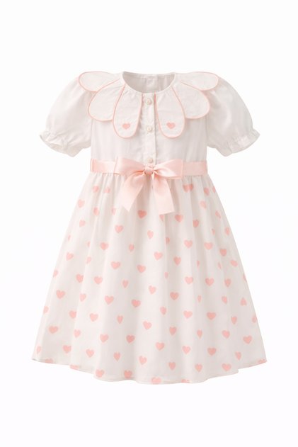 Girl's White Heart Patterned Dress with Bow, Stylish Summer Design