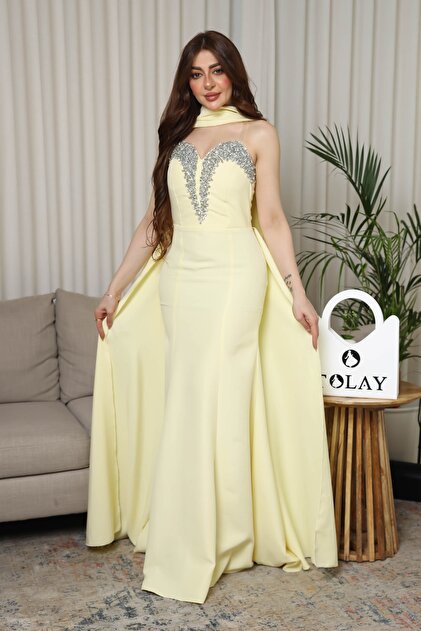 jewelrystore Lemon Royal Evening Gown with Back Cape and Crystal  Embroidery- Trendyol
