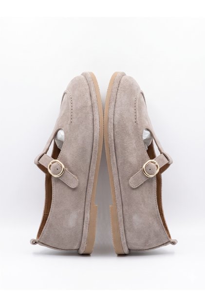 Genuine Leather Beige Suede Mary Jane Women's Shoes with Buckle, Comfortable Ballet Flats, Daily Stylish, Lightweight and Comfortable