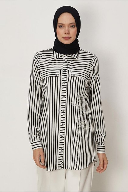 Striped Shirt Collar Tunic 46359