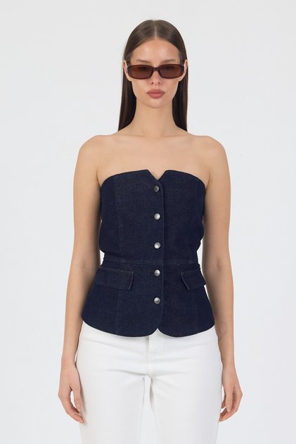 Straplez Önü Düğmeli Cep Detaylı Denim Yelek