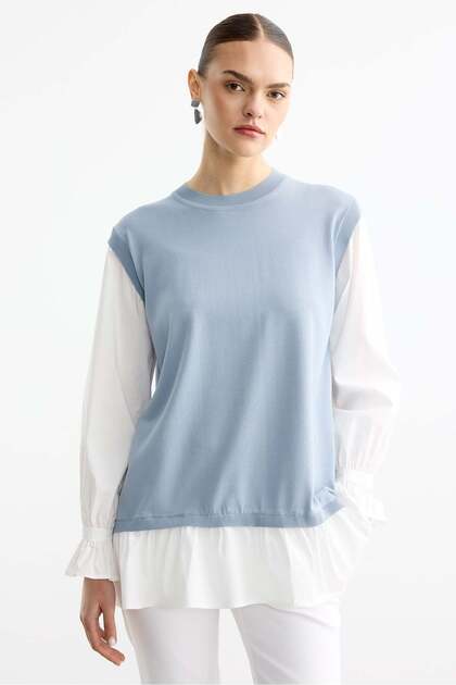 Rayon tunic with shirt-look metal brooch detail - blue