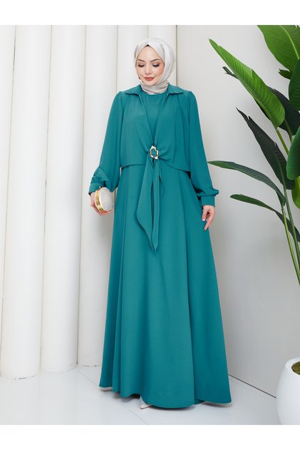 Cupra Fabric Dress with Buckle Detail, Double Tunic Dress, 2 Pieces