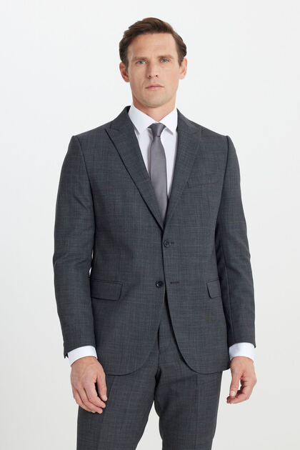 Men's Anthracite Wool Cordura Fabric Slim Fit Swallow Collar Patterned Suit with Flap Pockets