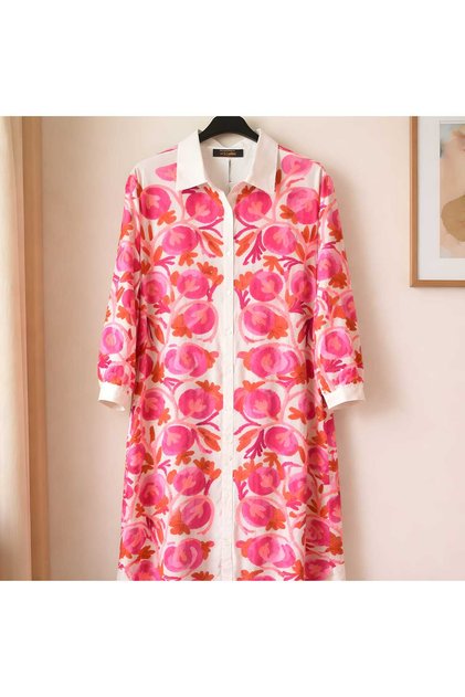 Women's Pink Orange Patterned Shirt Dress Long Sleeve Tunic
