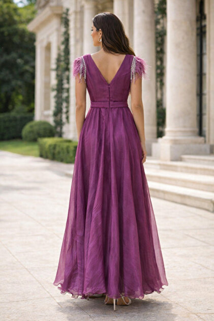Divin store Elegant purple organza dress with feathers and exquisite  details- Trendyol