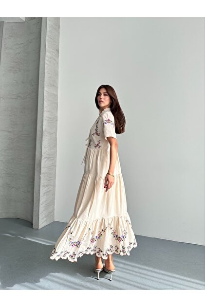 Lovely butik Beige Embroidered Bohemian Scallop Detailed Layered Maxi Dress-  Trendyol