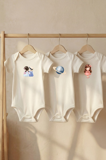 Cotton Set of 3 Fairy Tale Friends Printed Short Sleeve Snap Fastener Baby Bodysuit