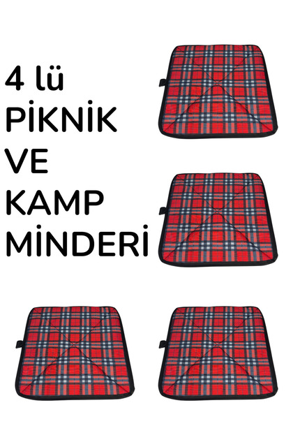 4 LÜ Katlanır Kamp Matı Piknik Stadyum Minderi Su Geçirmez Taşınabilir Oturma Minderi Kırmızı Ekose 40 x40