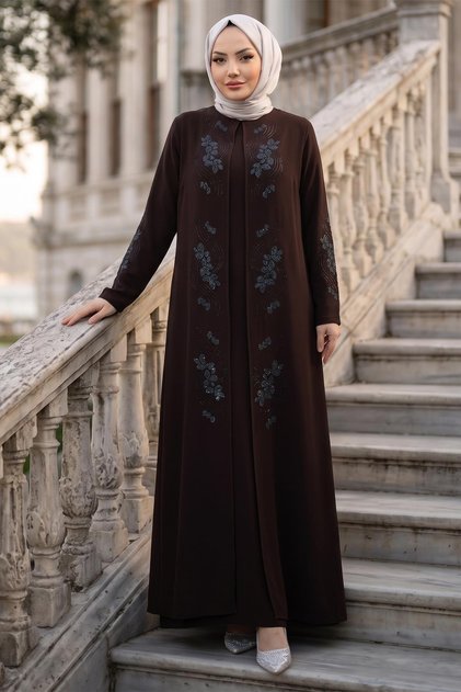 Stilvolles, mit Blumensteinen besticktes Hijab-Mutterkleid Bitter Brown HM2905