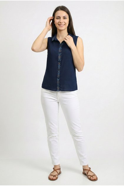 Sleeveless Aden Classic Collar Şile Fabric Summer Shirt Navy Blue Lcvt