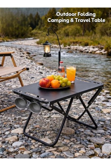 Portable Folding Camping Table with Lamp Stand and Storage Bag, Lightweight Outdoor Travel Table for Camping, Picnic, BBQ and Fishing 58×36×41cm