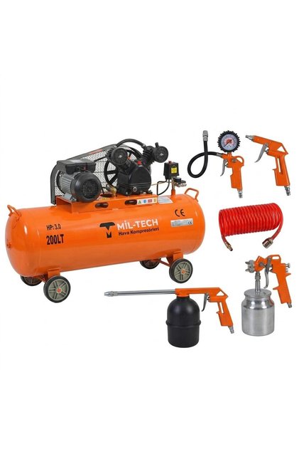 Miltech 200 Litre 3.0 HP Çift Kafalı Hava Kompresörü + 5'li Full Set - 2800 Devir IP44 Motor Koruma