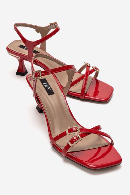 Women's Red Patent Leather Stone Buckle Ankle Strap Stylish Sandals with 5 cm Heel