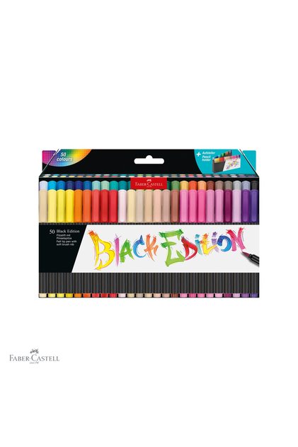 Set de 50 de markere cu vârf tip pensulă Faber-Castell Black Edition, culori vibrante, pentru desen și artă