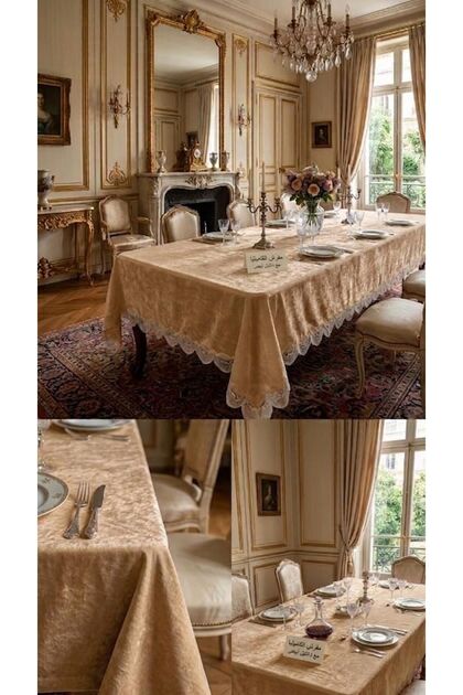 French Lace Embroidered Tablecloth - Premium Shiny Plain Velvet Luxury Guipure Dining Tablecloth