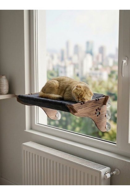Vantuzlu Kedi Yatağı Cama Yapışan Ahşap Kedi Hamağı (14 kg Taşıma Kapasitesi) - Yıkanabilir Antrasit Peluş