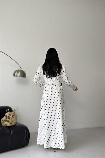 Women's White Shirt Collar Belt Detailed Polka Dot Full Length Design Dress Nbms2674