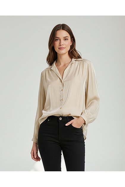 Women Beige Button Down Long Sleeve Shirt