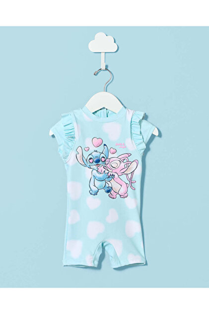Infant Girls Blue Angel And Stitch Printed Onesie Swimwear