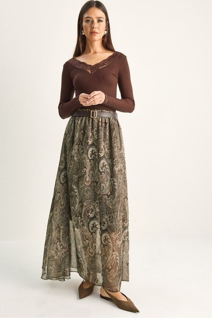 Women's Brown Patterned Belt Detailed Lined Chiffon Maxi Skirt 60286202