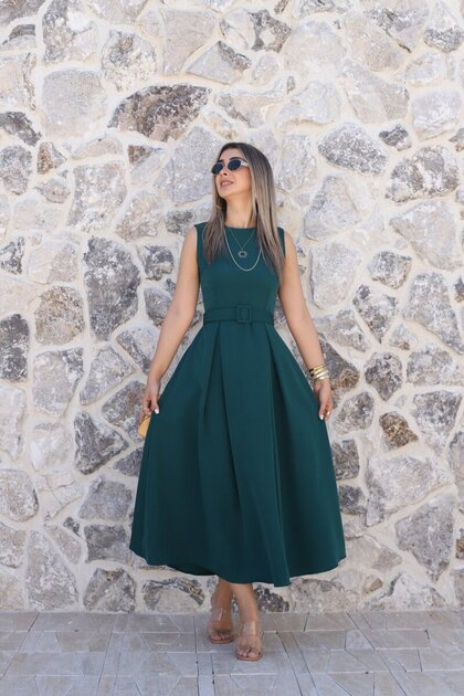 Emerald Green Halter Neck Belted Flared Dress