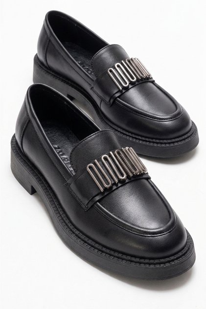 Black Genuine Leather Metal Buckle Women's Loafer Shoes Light Sole Real Leather Inside and Out Women's Buckle Moccasins