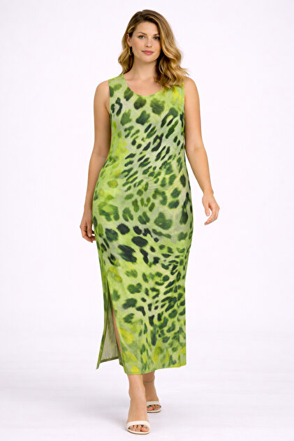 green leopard print dress plus size Plus Size Leopard Print Ruffle Trim Mock Neck Dress 5XL main image 1