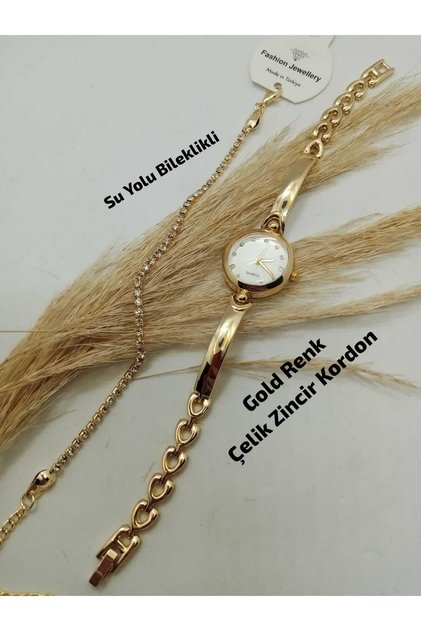 Vintage Model - Gold Color Bracelet Design - Women's Wristwatch (Waterway Bracelet with Gift)