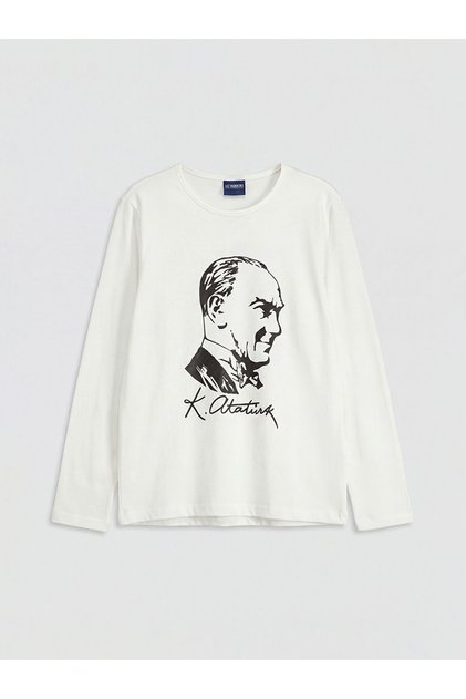 White Crew Neck Ataturk Printed Girl's T-Shirt