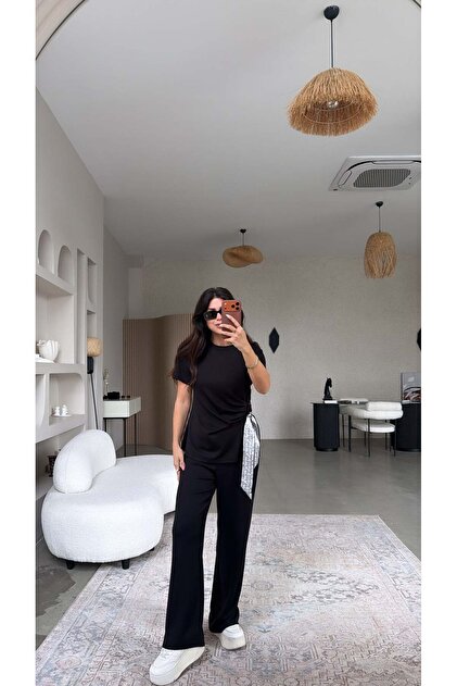 Black Modal Suit with Satin Scarf Detail on the Side