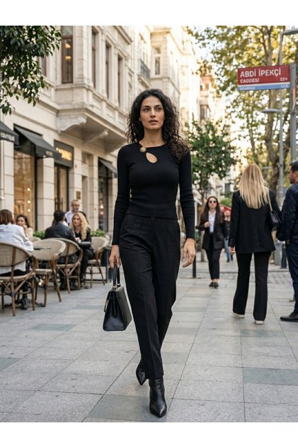 Women's Black Ribbed Camisole Slim Fit Blouse with Chest Window Detail and Sun Protection Accessories