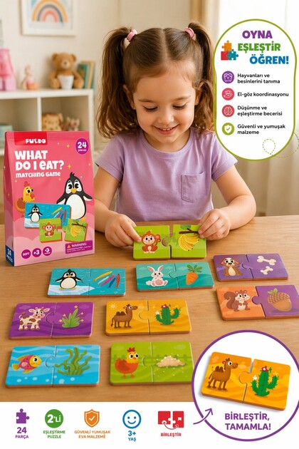 Puedo What Do I Eat Eşleştirme Yapbozu 24 Parça Eğitici Oyuncak 3+ Yaş Hayvan Besin Oyunu