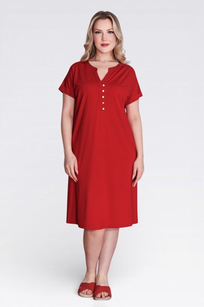 40198 Red Button Detail Low-Sleeve Relaxed Fit Knitted Dress