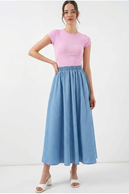 Women's Light Blue Elastic Waist Long Denim Skirt Hzl26W-Bd180621