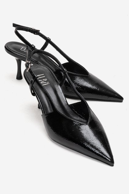 Irena Black Wrinkled Patent Leather Open Back Pointed Toe Women's Heeled Shoes