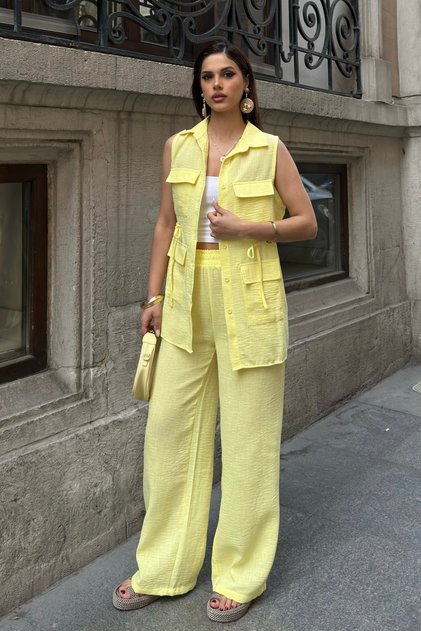 Women's Yellow Long Vest and Trousers Linen Textured Top and Bottom Set