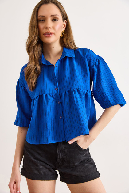 Women's Cobalt Blue Striped Balloon Sleeve Ayrobin Shirt Gml-19001445