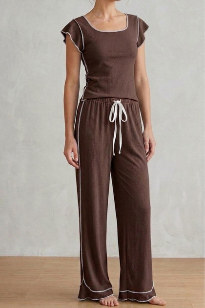 Ruffle Detailed Wrinkled Fabric Short Sleeve Pajama Set 6022