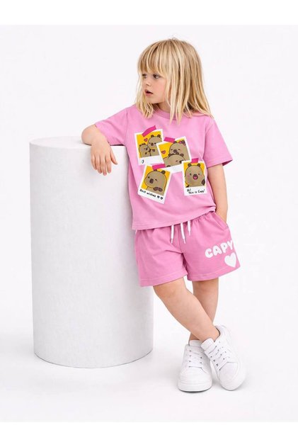 Girl's Shorts Set Pink Printed T-Shirt Capy Summer 2-Piece Combination