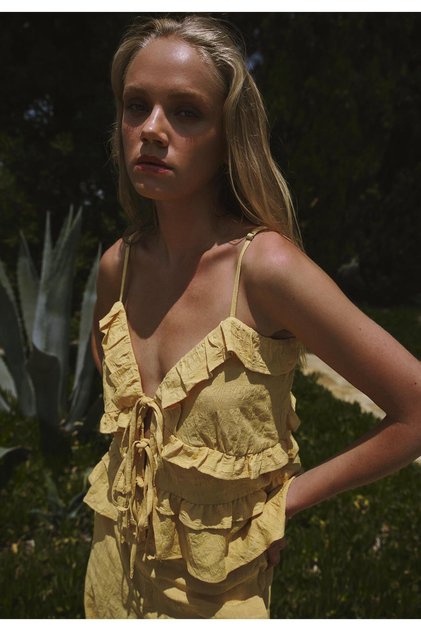 Jacquard V Neck Blouse - BUFF YELLOW