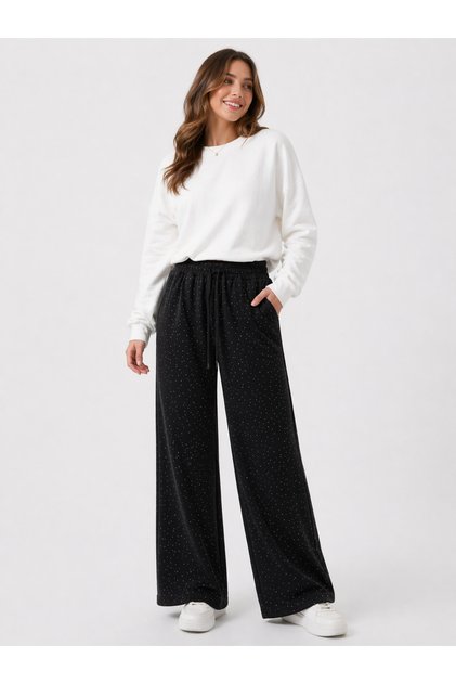 Women's Wide Leg Comfortable Cut Stoned Elastic Waist Lace-Up Combed Cotton Trousers