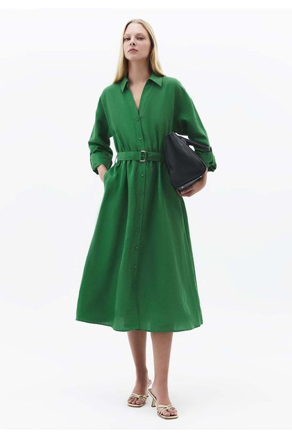 Belt Detailed Long Shirt Collar Dress -