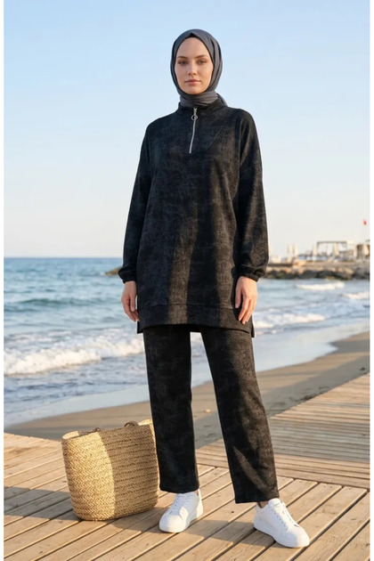Half Zipper Twisted Tunic Pants Double Set 0269-02 Black