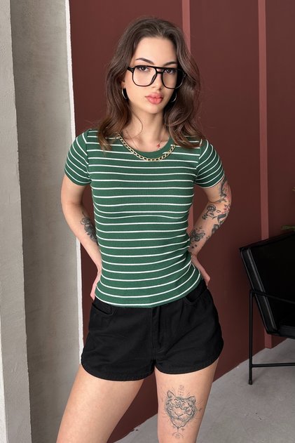 Women's Green and White Chain Ribbed Knitted Blouse
