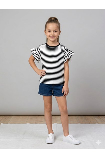 Girl's Black and White Striped Ruffle Sleeve Cotton T-Shirt