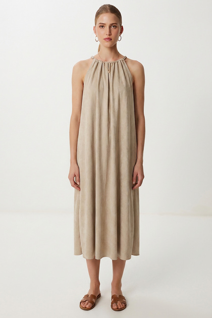 Washable Long Viscose Dress with Straps Lfg0186 Beige