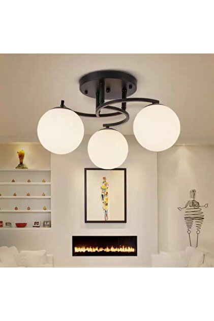 Candelabru modern, 3 brațe, globuri de sticlă albe, soclu E27, corp negru, diametru 46CM