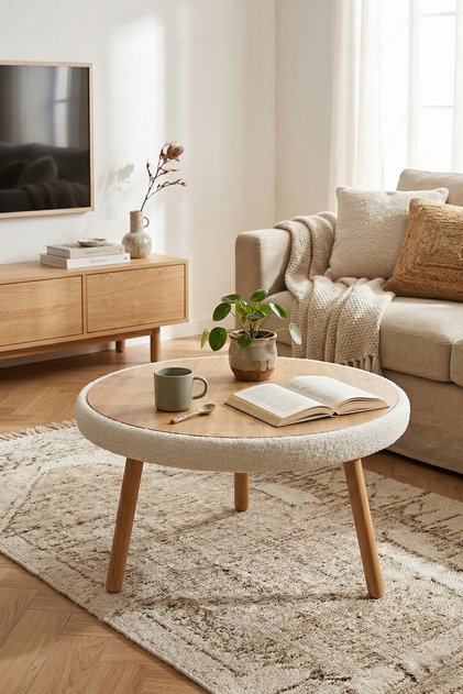 Benetta Yuvarlak Orta Sehpa/Bench Natürel Ahşap, Kırık Beyaz